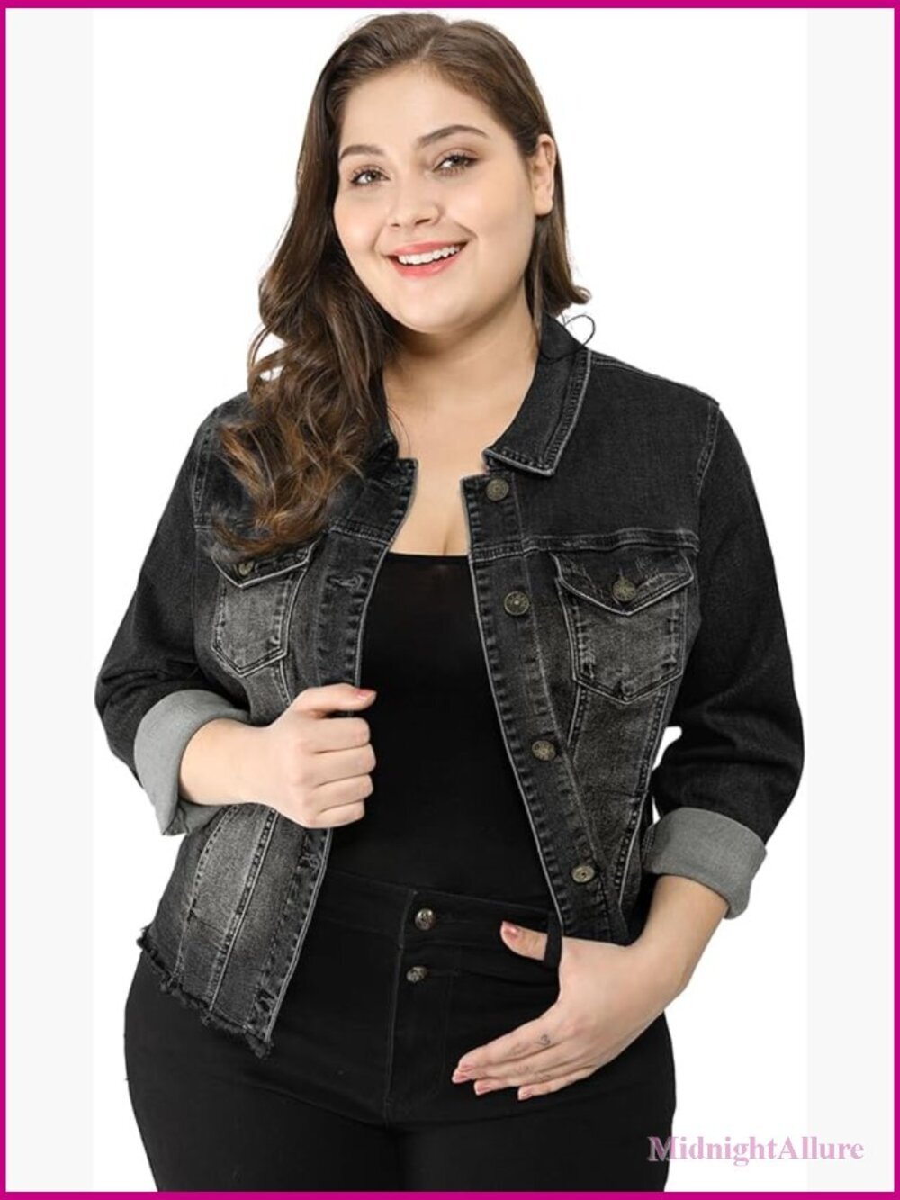 Plus Size Classic Washed Frayed Denim Jacket with Roll Up Sleeves